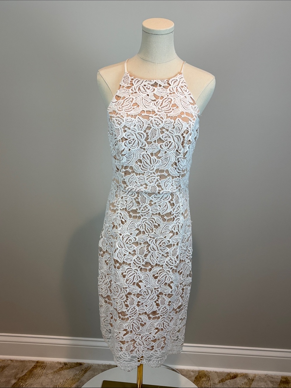 MARINA White Lace Halter Midi Dress